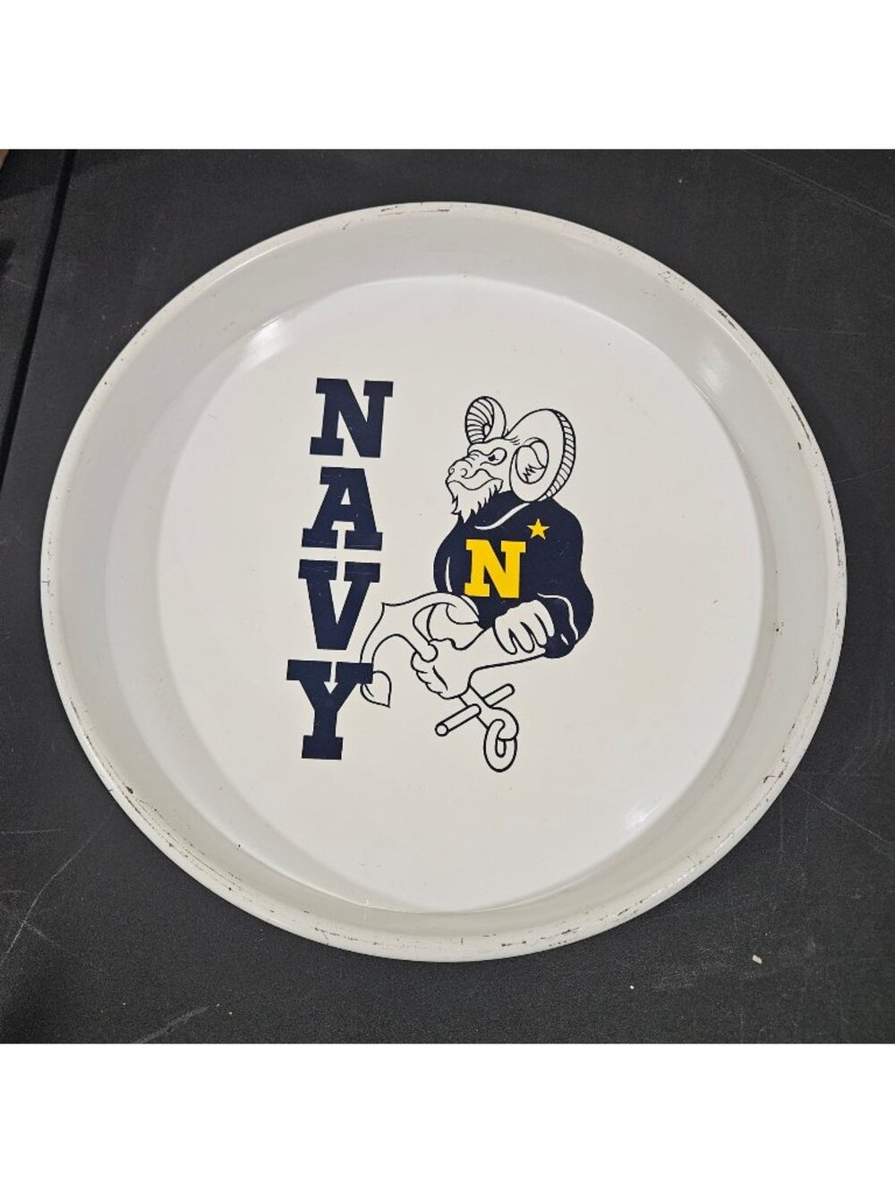 Vintage US Navy Goat Mascot Metal Tray 13" Round White Beer Serving Tray Barware